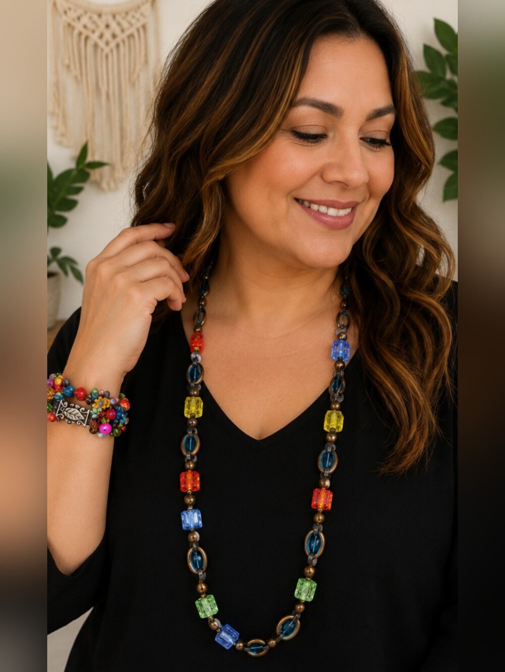 Multicolor 26" Colorful Beaded Necklace + 6.5" Magnetic Clasp Bracelet Set